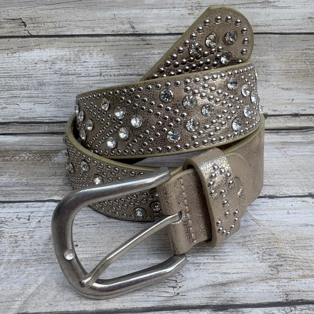 Studded Rhinestone Leather Belt 110CM 36.5" Tan Silver tone Western Glam Bling